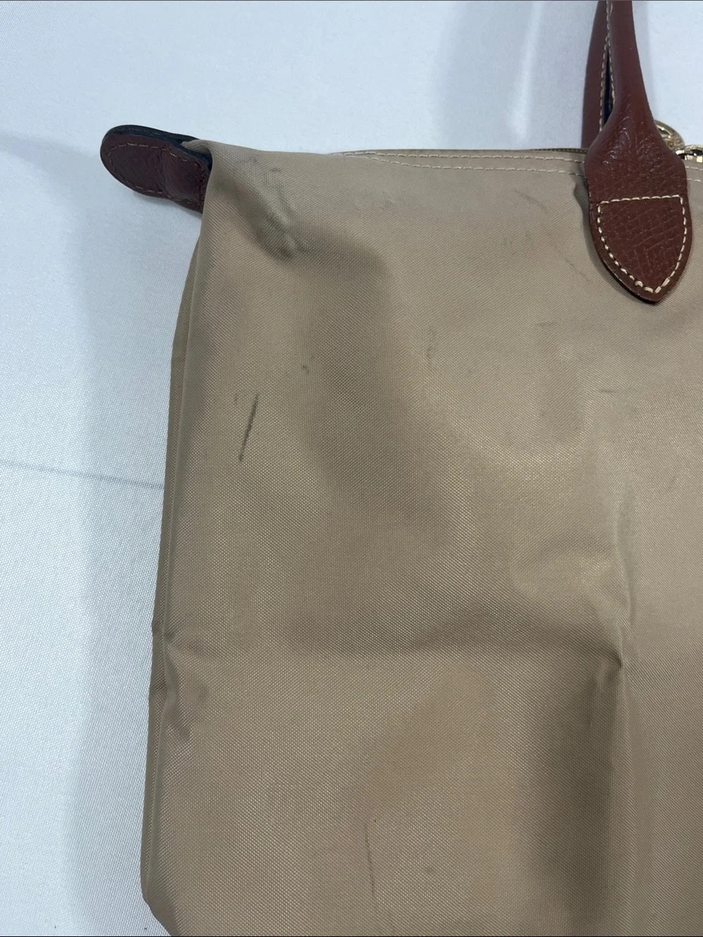 Longchamp Large Tote - Tan Nylon, Brown Leather - Packable - Fair Condition
